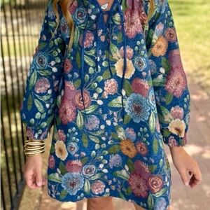 LOVELO  Tapestry Floral Blue Long-Sleeve Dress
